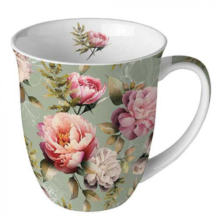 Ambiente Peonies Composition Green Beker - Fine Bone China - 400 ml