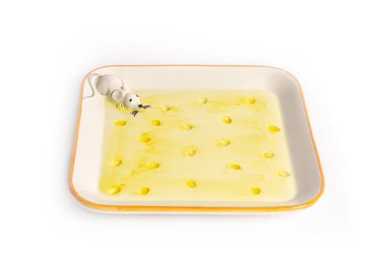 Piccobella Bord - Kaas/Muisje - Wit/Geel - Keramiek - 16 cm x 16 cm