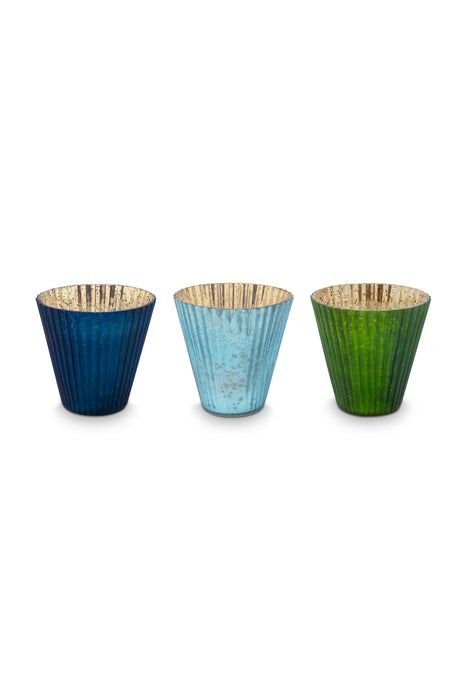 Pip Studio Blue Medium Theelichthouder - Set van 3 Stuks - Glas - 10 cm x 10,5 cm