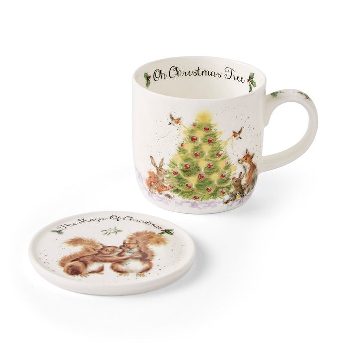 Wrendale Designs Oh Xmas Tree Beker en Onderzetter - Fine Bone China - 300 ml