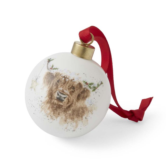 Wrendale Designs Highland Cow Kerstbal - Hoogland Koe - Porselein - Ø 7 cm