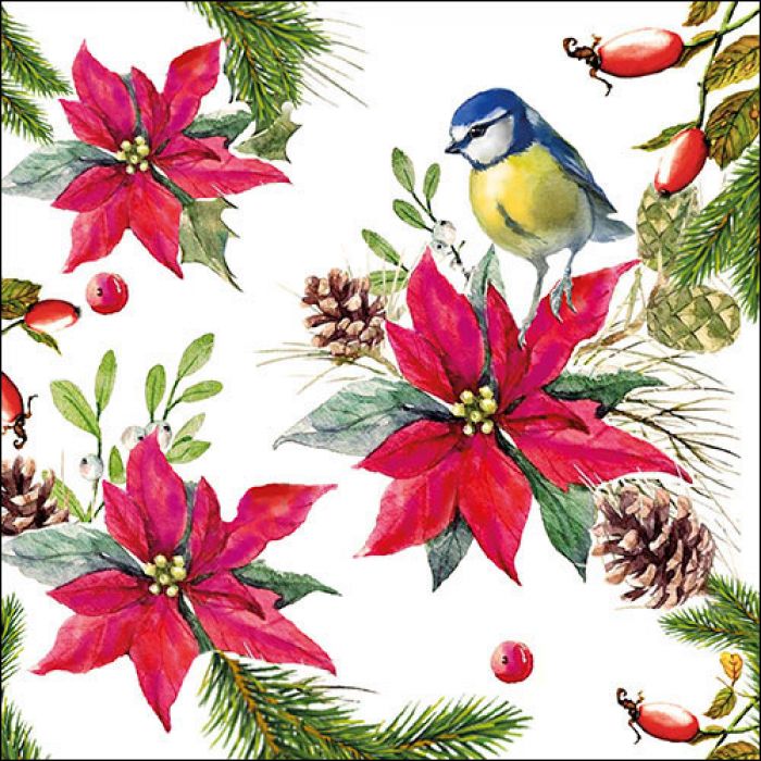 Ambiente Bird On Poinsettia White Papieren Servetten - 33 cm x 33 cm