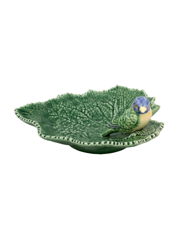 Bordallo Pinheiro Folhas Serveerschaaltje - Jakobskruiskruidblad - Blauwe Vogel - Groen/Blauw - Aardewerk - 19 cm