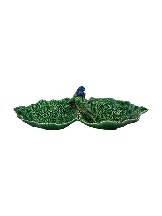 Bordallo Pinheiro Folhas Serveerschaaltje - Dubbelblad - Blauwe Vogel - Groen/Blauw - Aardewerk - 34 cm