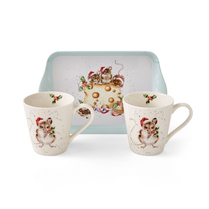 Wrendale Designs Holly Jolly Christmas - 2 Bekers met Dienblad - Fine Bone China - 180 ml