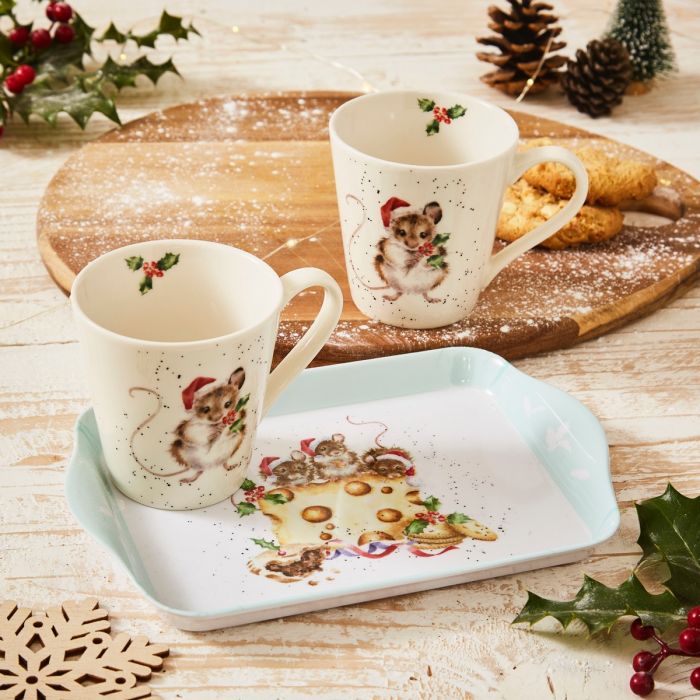 Wrendale Designs Holly Jolly Christmas - 2 Bekers met Dienblad - Fine Bone China - 180 ml