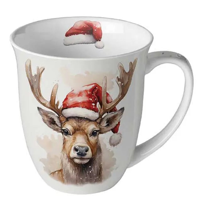 Ambiente Deer with Santa Hat Beker - Fine Bone China - 400 ml