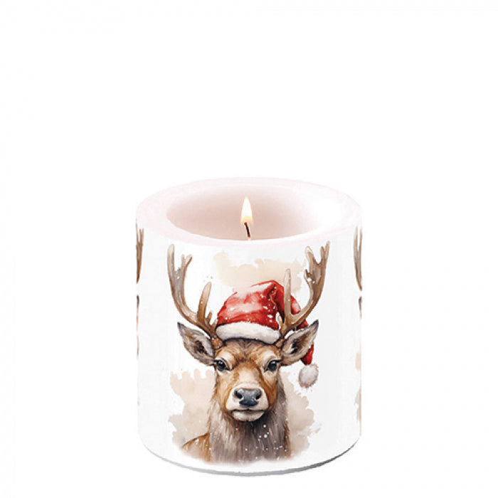 Ambiente Deer with Santa Hat White Kaars - Klein - Paraffine - Ø 9 cm