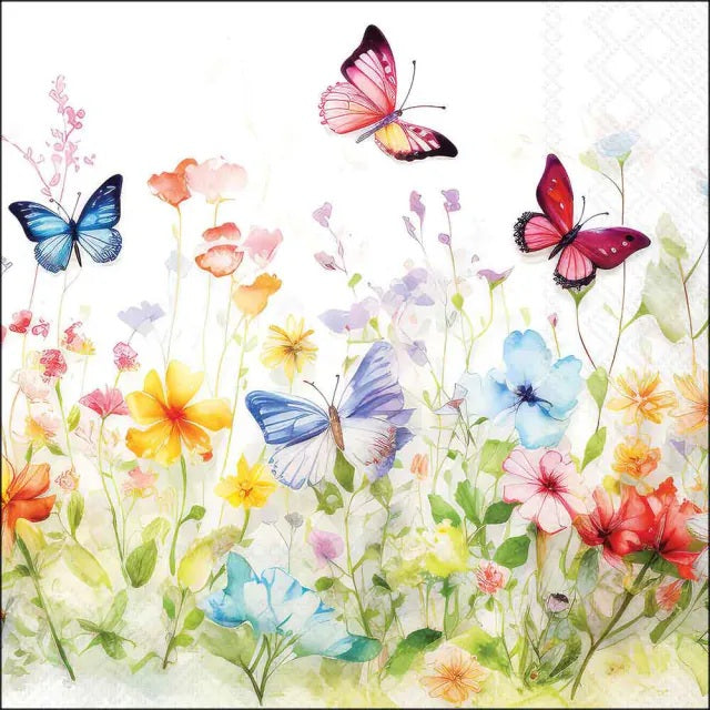 Ambiente Butterflies in Field White Servetten - 33 cm x 33 cm