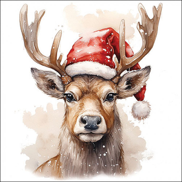 Ambiente Deer with Santa Hat White  Servetten - 25 cm x 25 cm