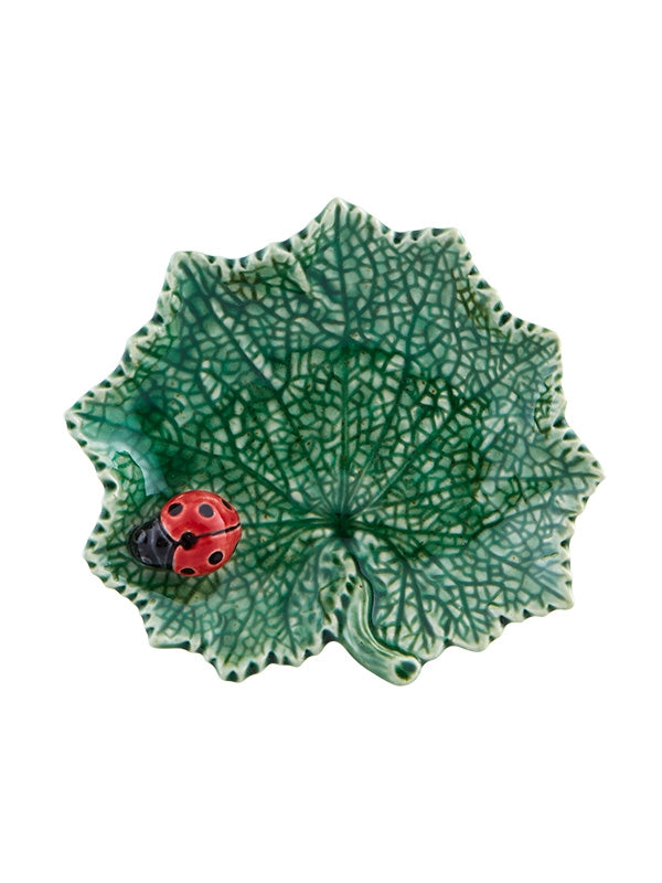 Bordallo Pinheiro Folhas Serveerschaaltje - Kruiskruidblad - Lieveheersbeestje - Groen/Rood/Zwart - Aardewerk - 14 cm