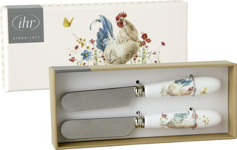 IHR Herbs Country Rooster Botermesje - RVS/Porselein - Set van 2 stuks