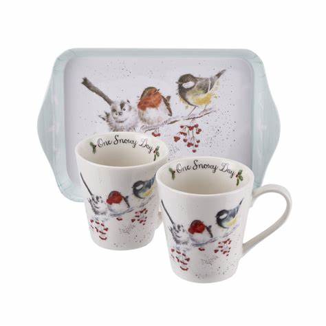 Wrendale Designs One Snowy Day - 2 Bekers met Dienblad - Fine Bone China - 180 ml