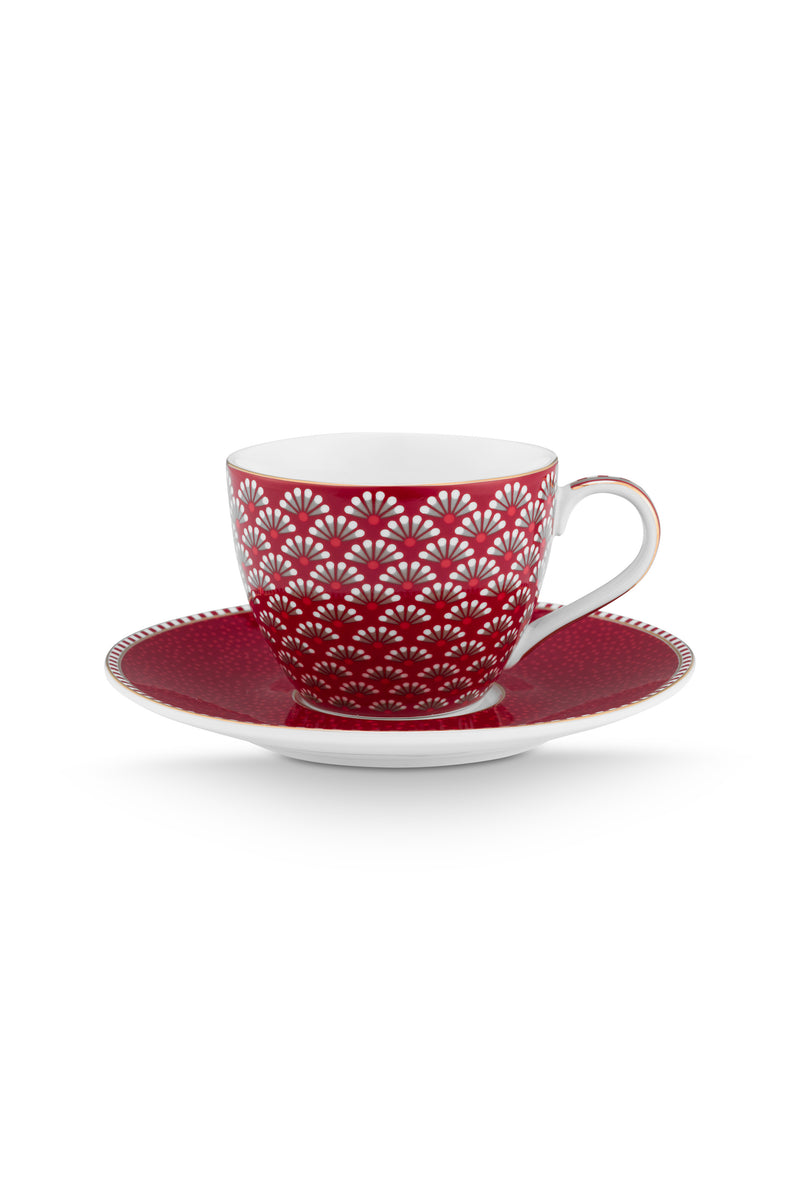 Pip Studio Blooming Tales Dark Red Espresso Kop en Schotel - Porselein - 120 ml