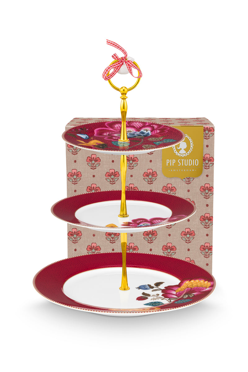Pip Studio Blooming Tales Fantasy Dark Red Etagère - Porselein/Metaal - 3 Laags