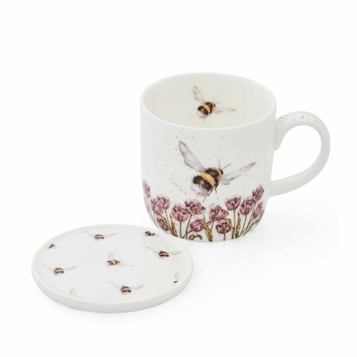 Wrendale Designs Flight of the Bumblebee Beker en Onderzetter - Fine Bone China - 300 ml