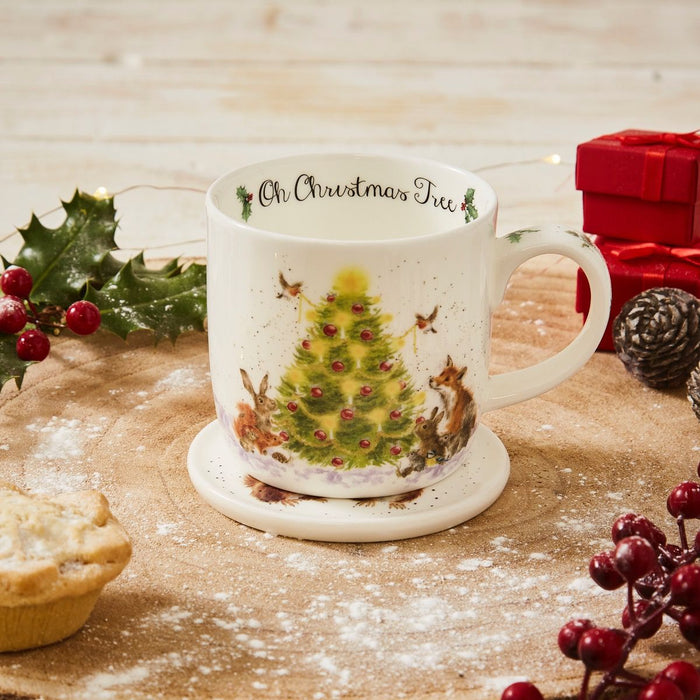 Wrendale Designs Oh Xmas Tree Beker en Onderzetter - Fine Bone China - 300 ml