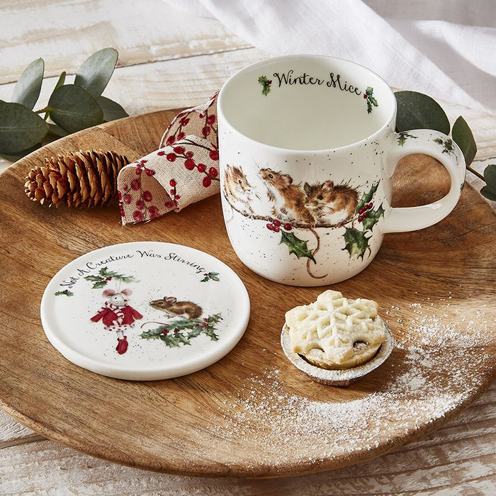 Wrendale Designs Winter Mice Beker en Onderzetter - Fine Bone China - 300 ml