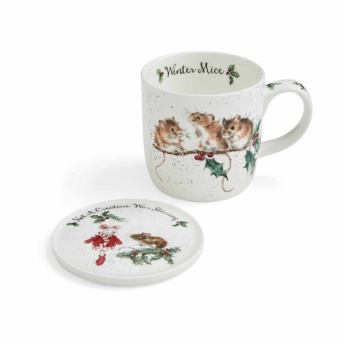 Wrendale Designs Winter Mice Beker en Onderzetter - Fine Bone China - 300 ml