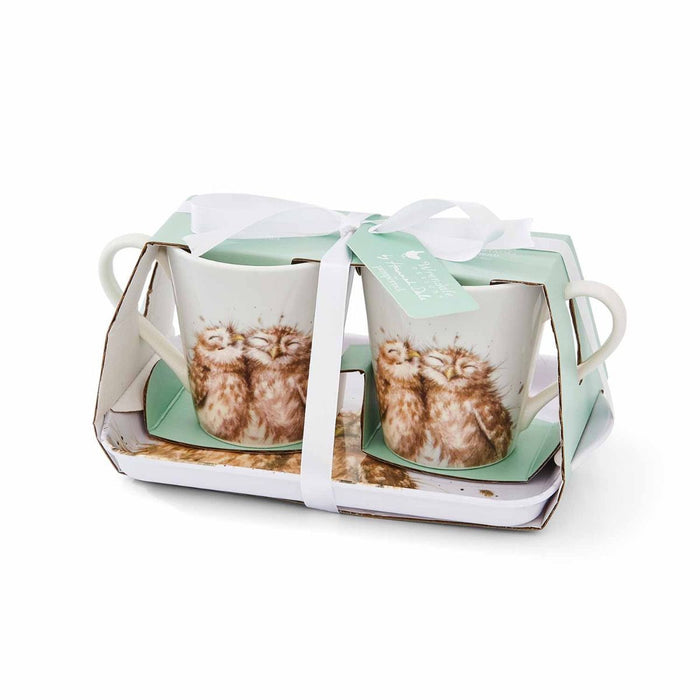 Wrendale Designs Owl - 2 Bekers met Dienblad - Fine Bone China - 180 ml