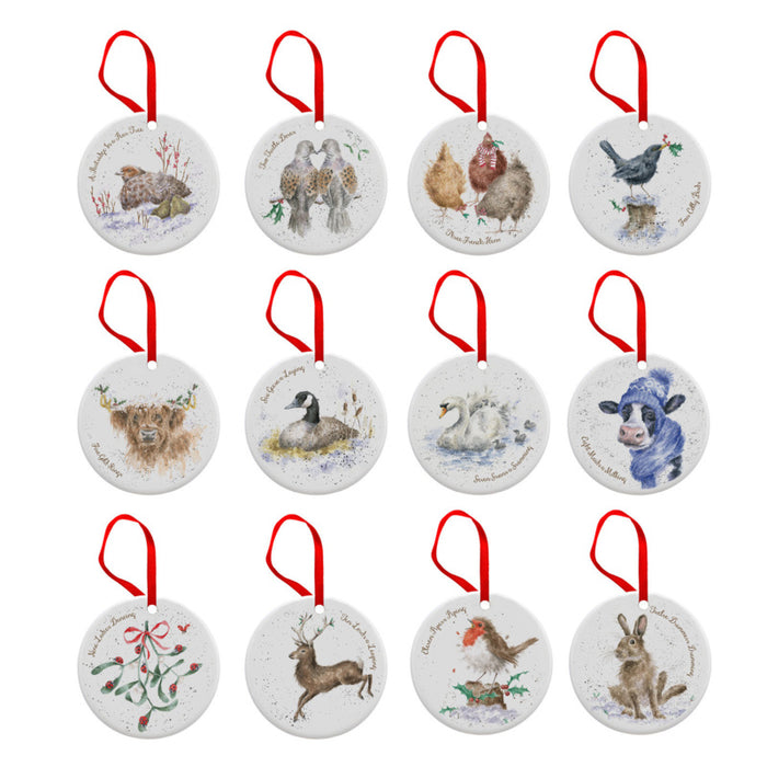 Wrendale Designs 12 Days of Christmas - Kerst Decoratie 12 Delig - Porselein - Ø 6,8 cm