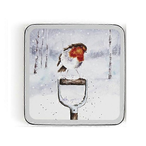 Wrendale Designs Winter Skies Onderzetter - Roodborstje - 10,5 cm x 10,5 cm